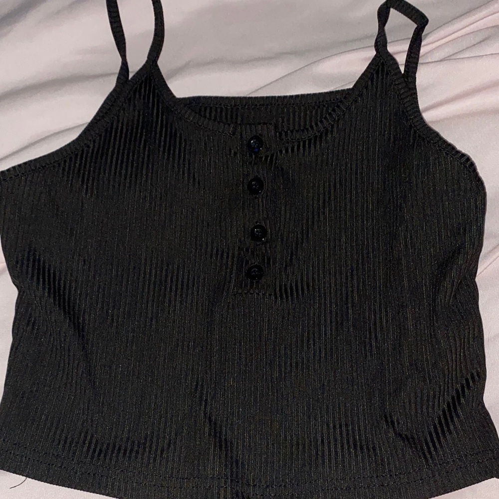 SHEIN Black Ribbed Button Crop Top